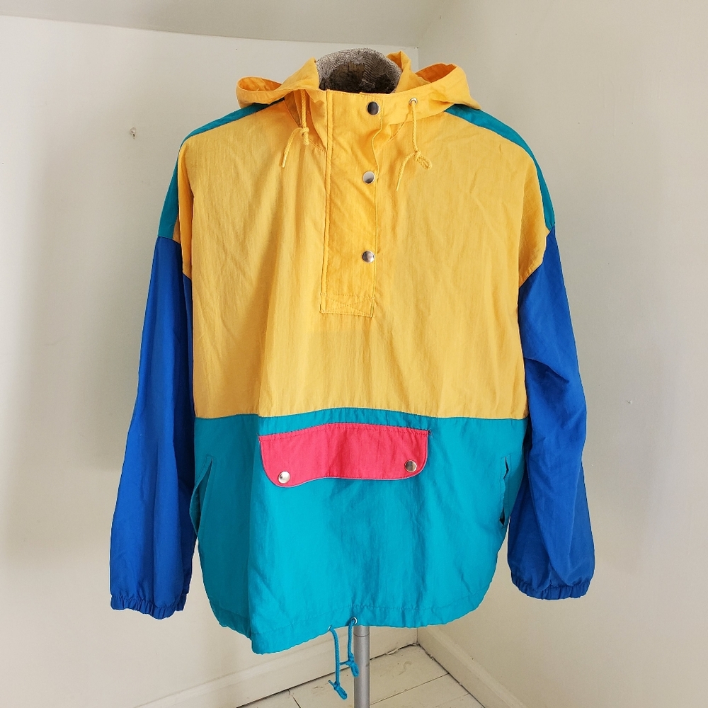 80s 90s Vintage NWT Colorblock Windbreaker Half Zip Drawstring Hoodie